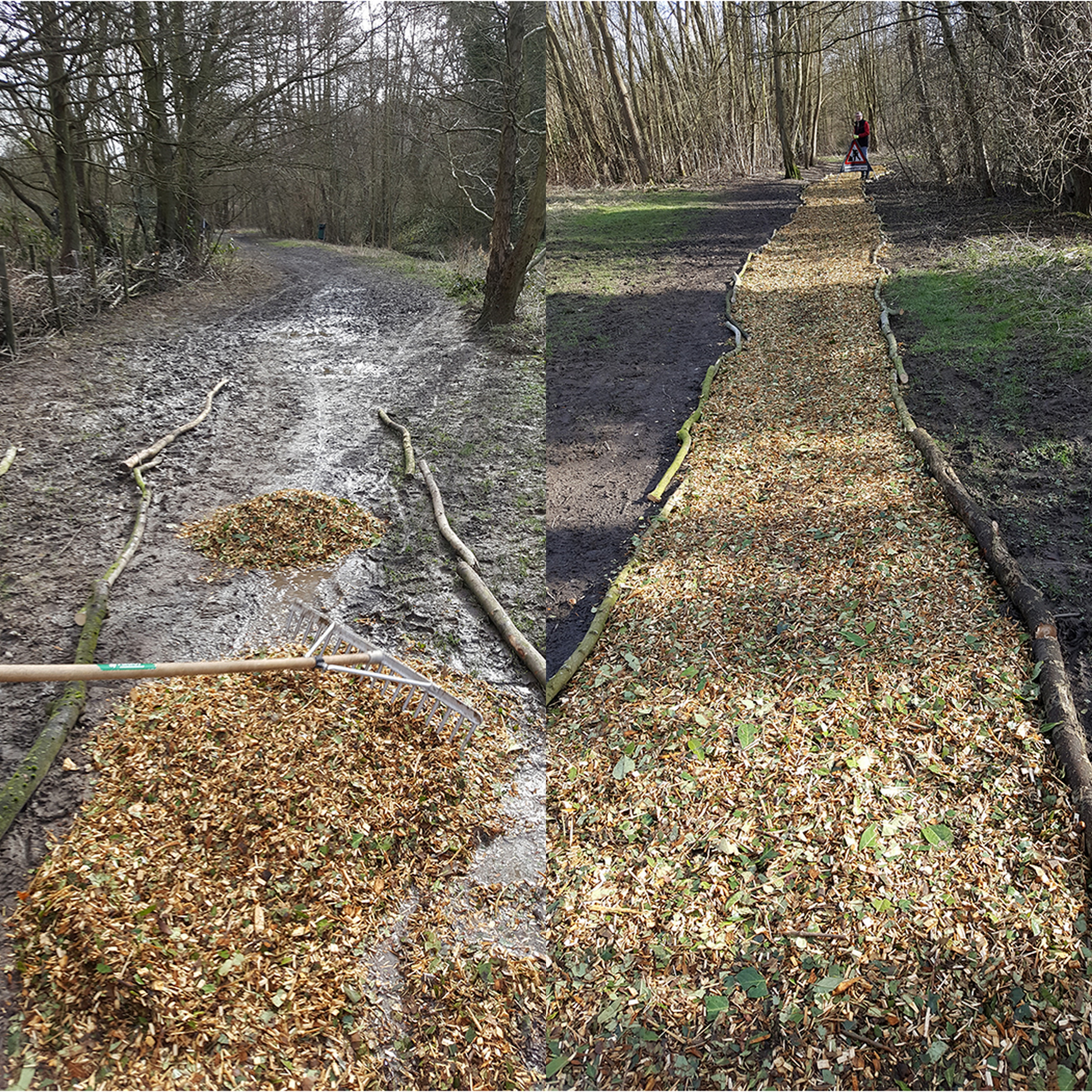 Kettle brook before and after laying woodchip: Path in Kettlebrook local nature reserve (Tamworth), before and after Tameforce volunteers laid woodchip, © Roy Chambers, Warwickshire Wildlife Trust 2017